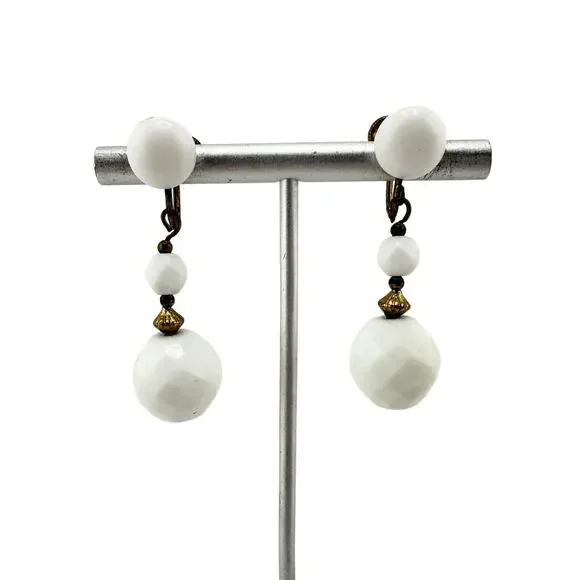 Vintage Milk Glass Gold Tone Beaded Dangle Drop Screw Back 1.75" Earrings - Picture 2 of 4